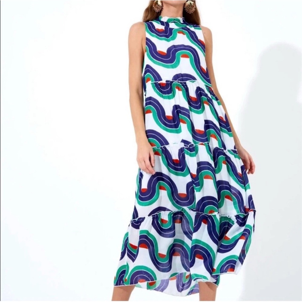 Oliphant M Ruffled Tiered Midi Dress Nouveau Navy Cotton Silk Women Mod Preppy